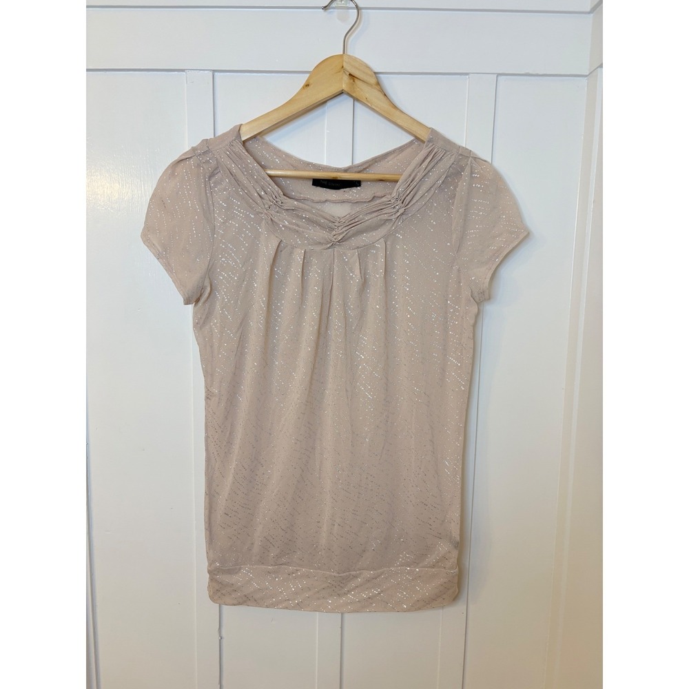 The Limited Womens Blush Pink Silver Metallic Shimmer Pleated Scoop Neck Blouse